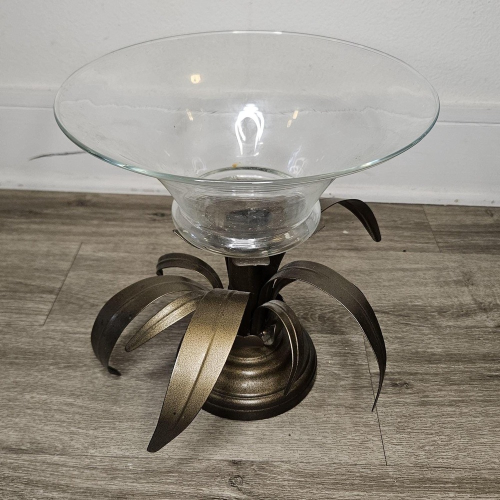 Elegant Clear Glass candleholder bowl with metal palm tree base Made in Brazil